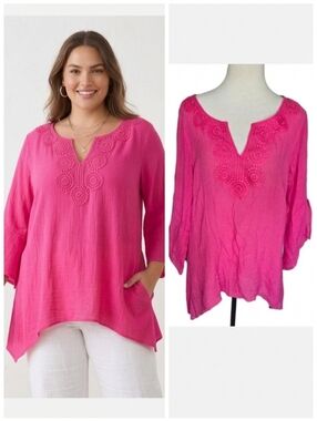 Zac & Rachel Plus Size Pink Embroidered Boho Peasant Blouse Women's Plus Size 1X